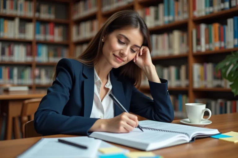 Étudiante en école de commerce prenant des notes méthodiques dans une bibliothèque universitaire pour préparer le concours BCE