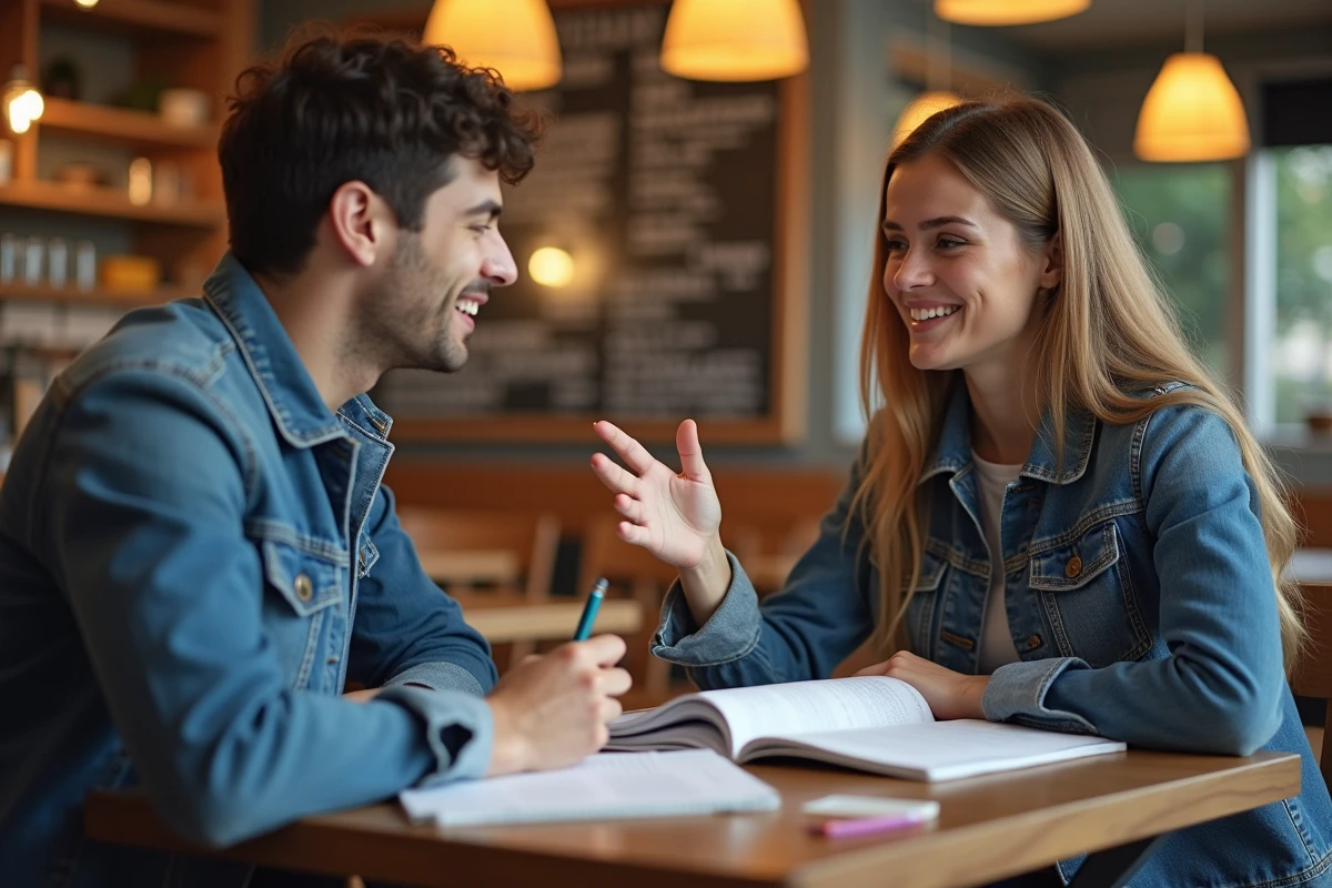 Deux étudiants en classe préparatoire s'entraînant ensemble à l'oral dans un café pour préparer efficacement le BCE