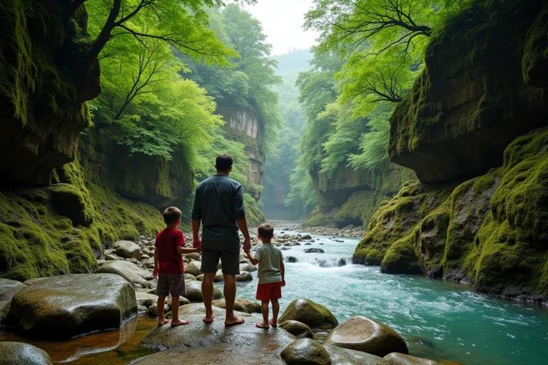 Une famille se promène sur le chemin rocheux du Pas de Roland à Itxassou, avec la Nive en arrière-plan dans un cadre naturel basque luxuriant