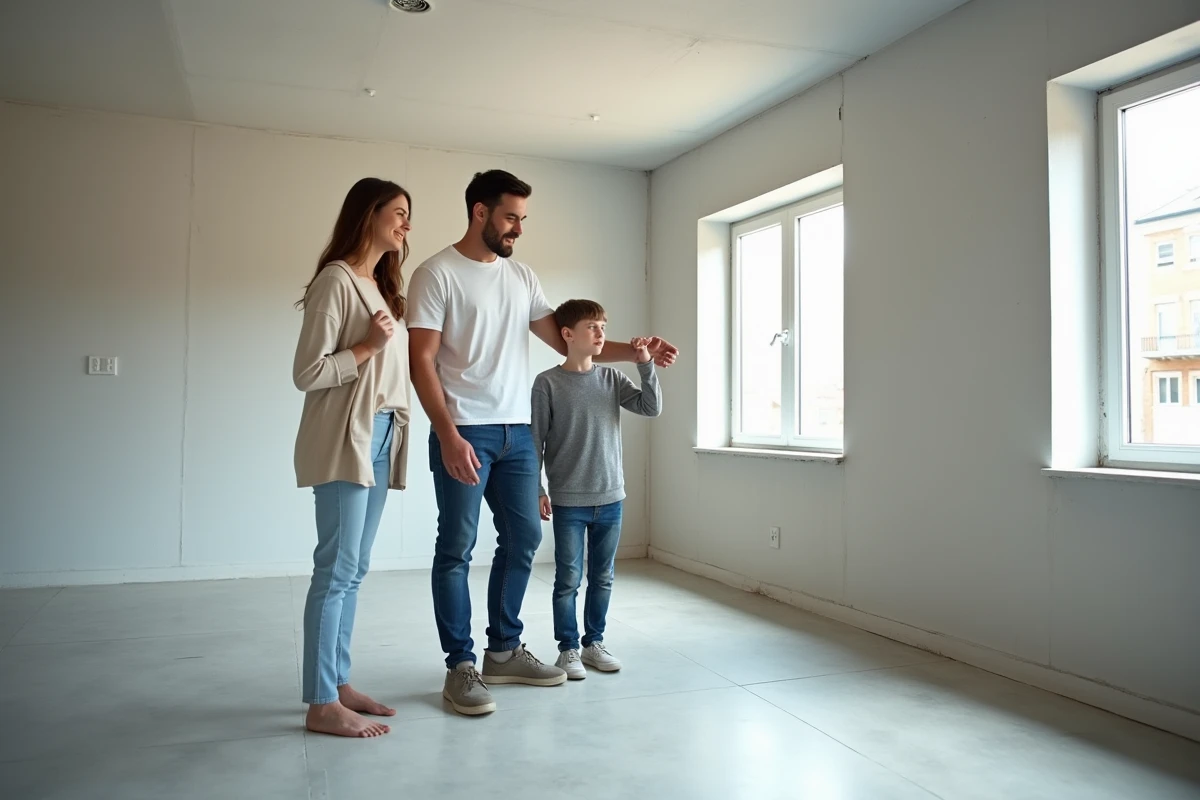 Famille visitant un appartement neuf vide dans le cadre d'un dispositif PSLA