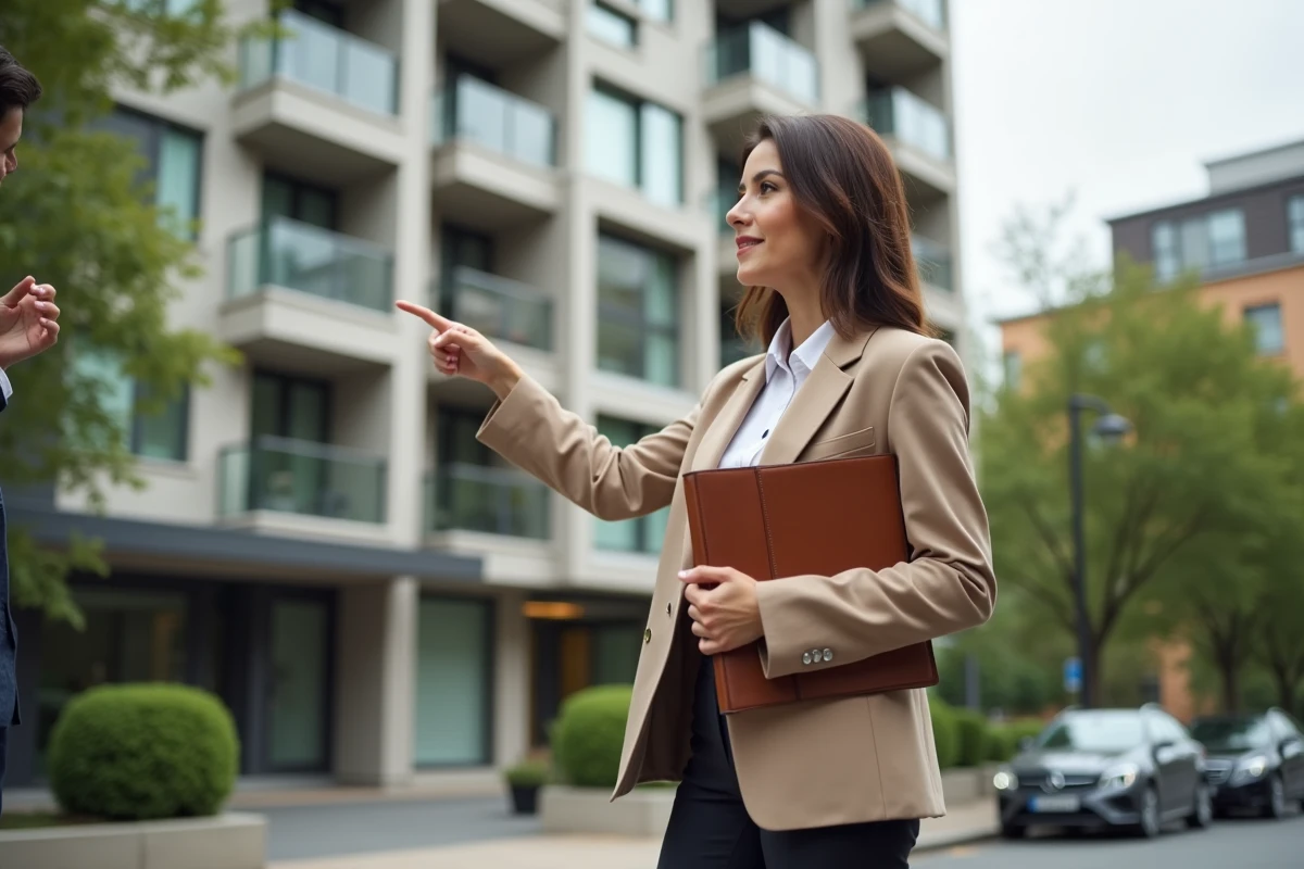 Femme d'affaires présentant un immeuble résidentiel dans le cadre d'un investissement immobilier via une société propco