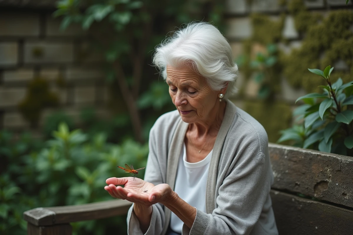 Femme âgée tenant une libellule morte dans sa main au jardin, moment de recueillement et de symbolisme spirituel après un deuil