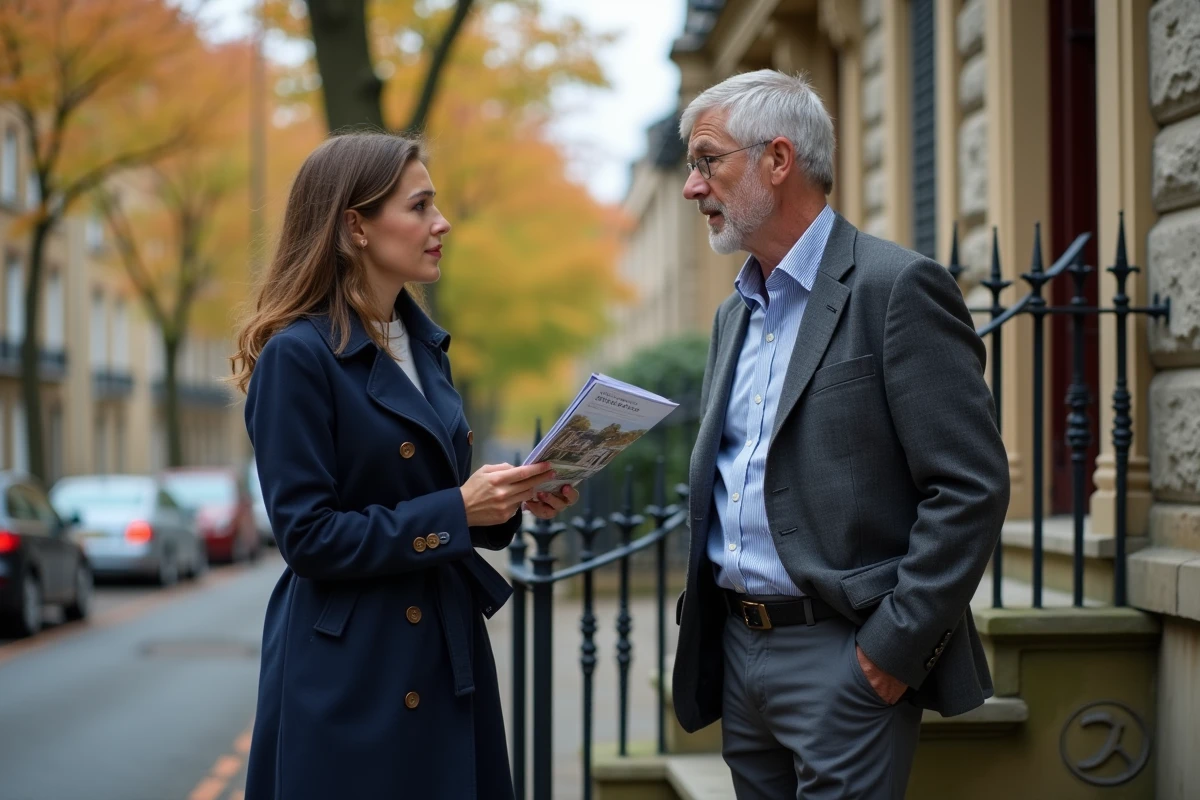 Femme en manteau marine discutant avec un agent immobilier devant une maison en pierre dans une rue résidentielle en automne