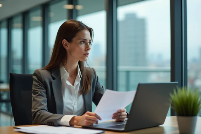 Femme d affaires pensant au bureau avec documents