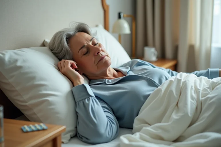 Femme d'âge mûr endormie paisiblement dans son lit avec des comprimés sur la table de nuit, illustrant l'utilisation du Seresta comme aide au sommeil