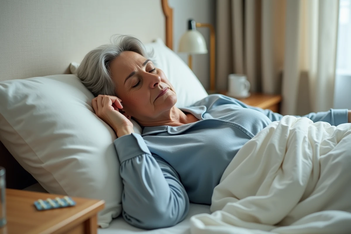 Femme d'âge mûr endormie paisiblement dans son lit avec des comprimés sur la table de nuit, illustrant l'utilisation du Seresta comme aide au sommeil