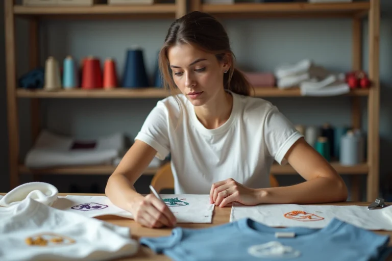 Femme en studio de broderie examinant des échantillons de tissus