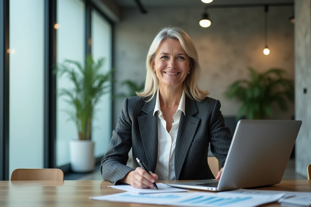 Femme professionnelle consultant un portefeuille immobilier sur ordinateur portable lors d'une réunion de planification financière