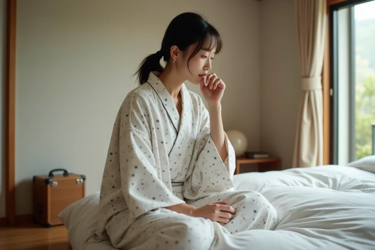 Jeune femme japonaise en yukata contemplant un futon
