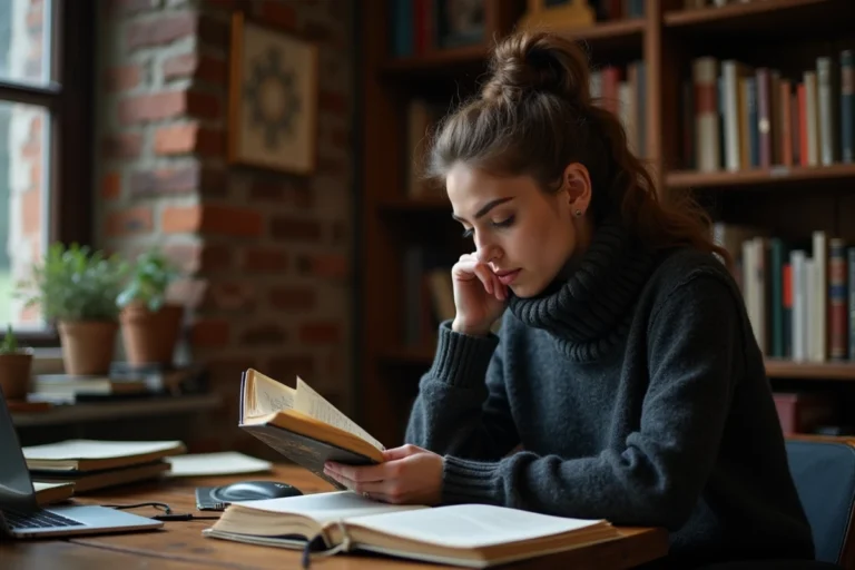 Femme concentrée lisant un vieux livre dans un bureau cozy