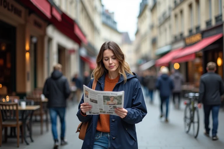 Femme en imperméable lisant un journal dans la rue de Nantes