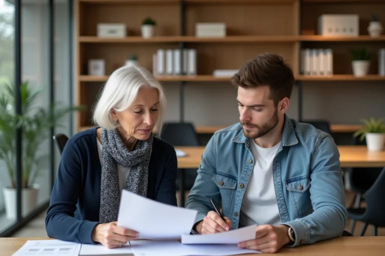 Femme mature et jeune homme en réunion de travail