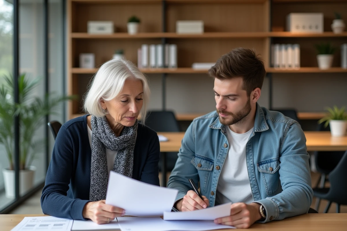 Femme mature et jeune homme en réunion de travail