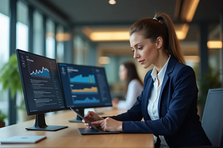 Femme professionnelle effectuant une veille en ligne sur ses écrans dans un bureau moderne