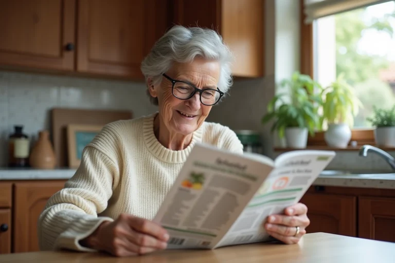 Femme senior souriante lisant un magazine de santé à la maison