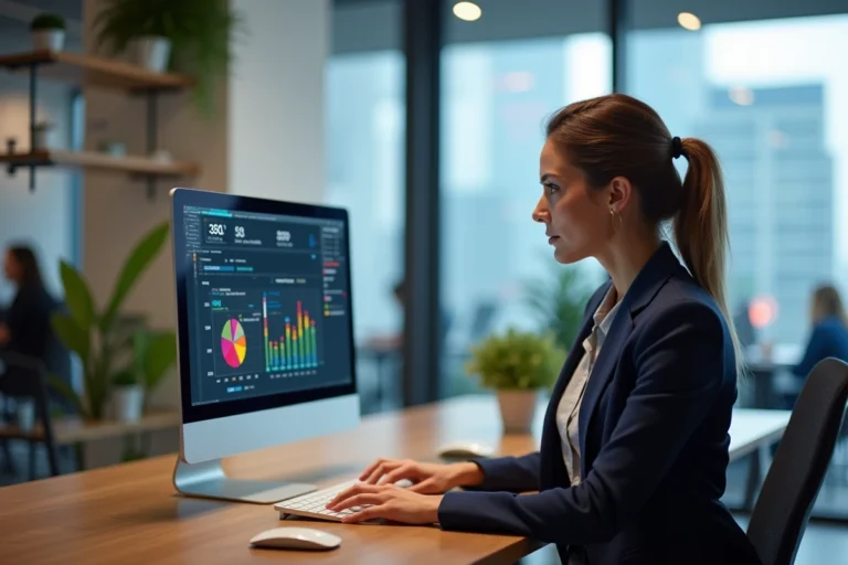 Femme professionnelle analysant une stratégie digitale sur un écran d'ordinateur avec des tableaux de bord marketing dans un bureau moderne