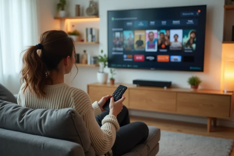 Jeune femme regardant un film en streaming sur sa télévision depuis son canapé à la maison