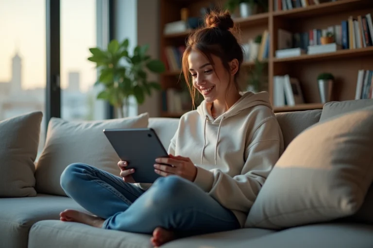 Jeune femme détendue regardant une tablette dans un salon moderne