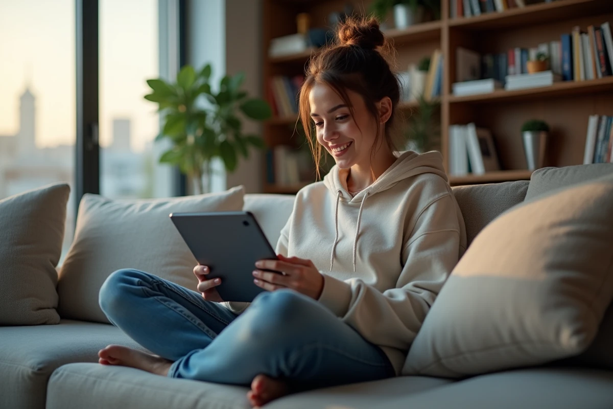 Jeune femme détendue regardant une tablette dans un salon moderne