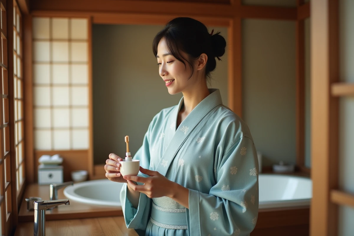 Femme en yukata dans une salle de bain de ryokan japonais tenant des articles de toilette traditionnels comme une brosse en bambou et une lotion