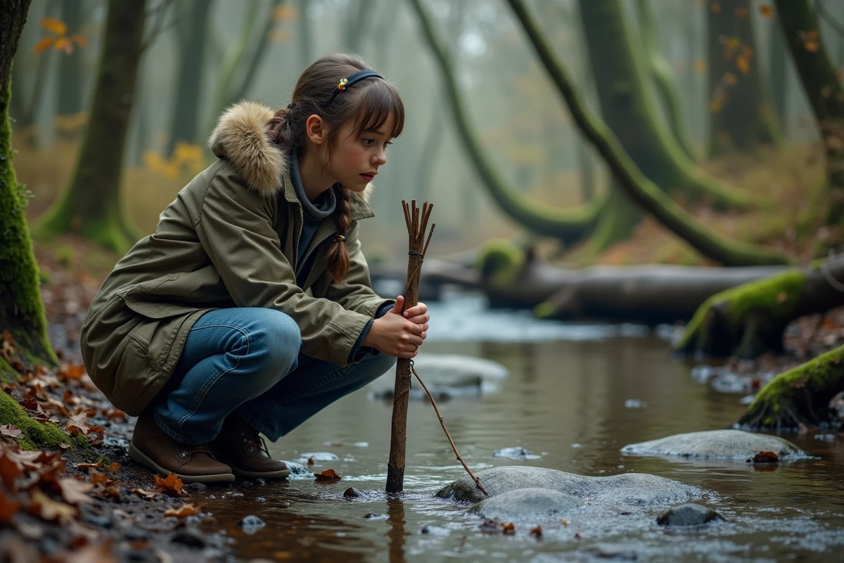 Jeune fille avec bâton dans un ruisseau en forêt