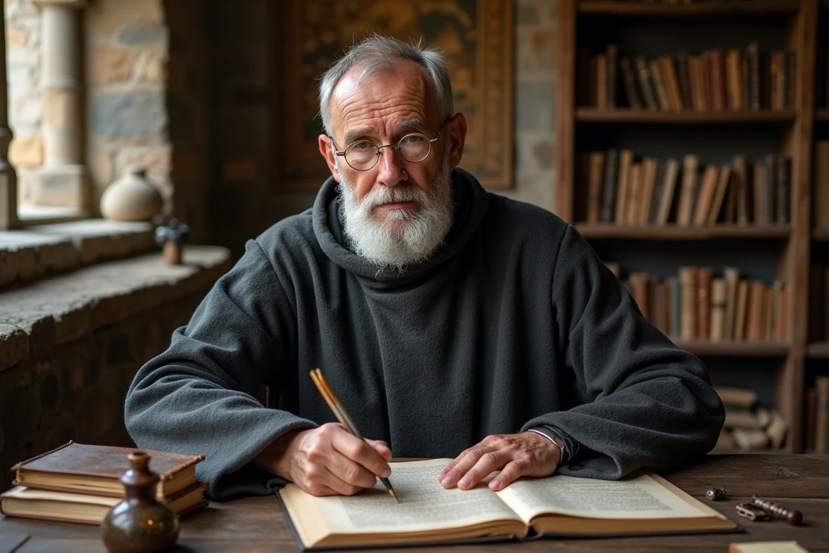 Personnage érudit médiéval inspiré de Frère Jean en robe de moine dans un scriptorium