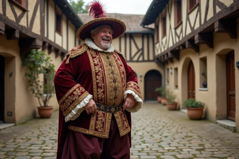 Personnage de Gargantua en costume Renaissance dans une cour de village médiéval français