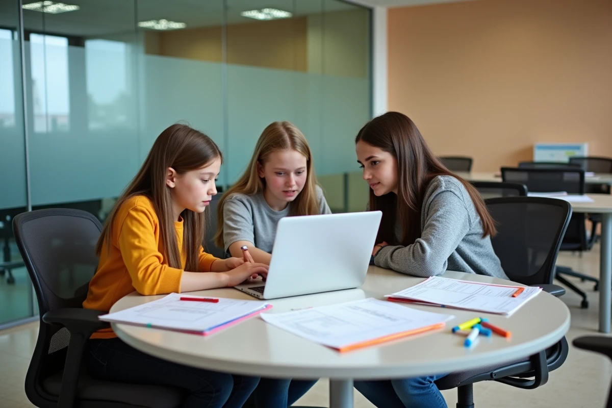 Groupe d'élèves collaborant sur un projet scolaire autour d'un ordinateur portable dans un espace d'apprentissage moderne du programme Ma Classe 2023