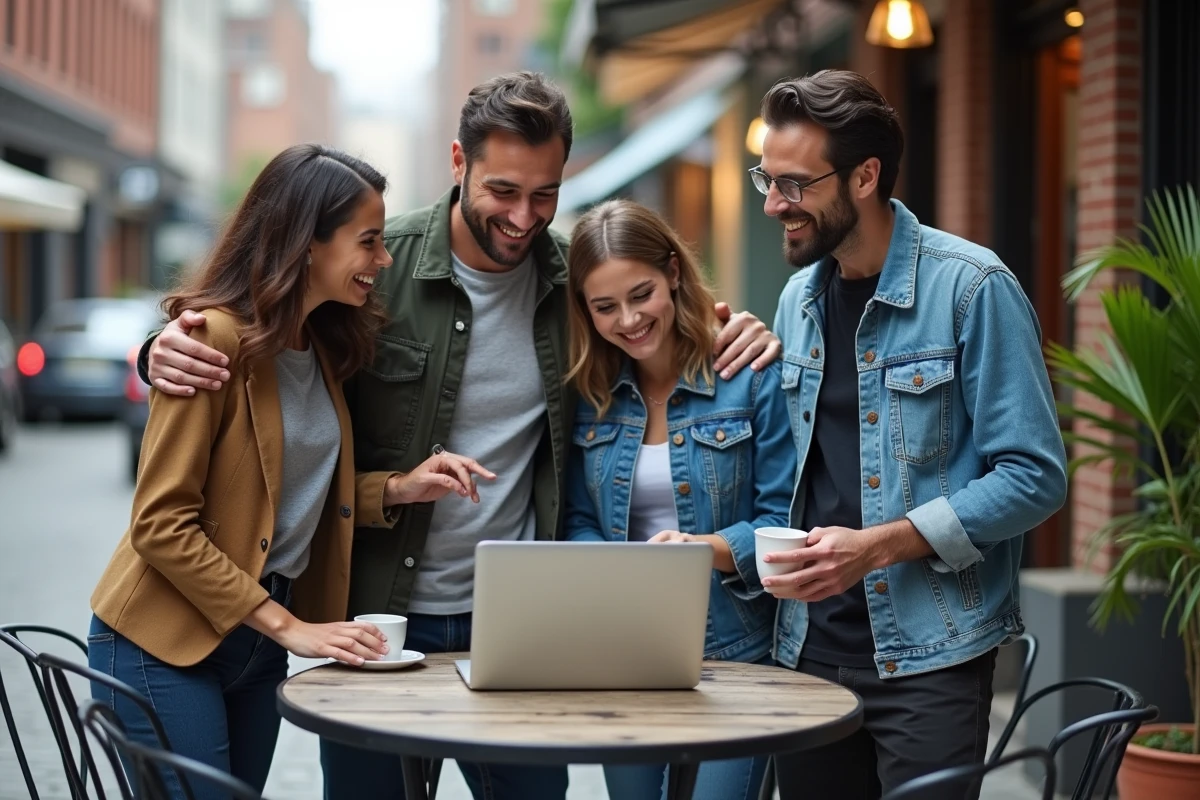 Groupe d entrepreneurs discutant dans un café urbain