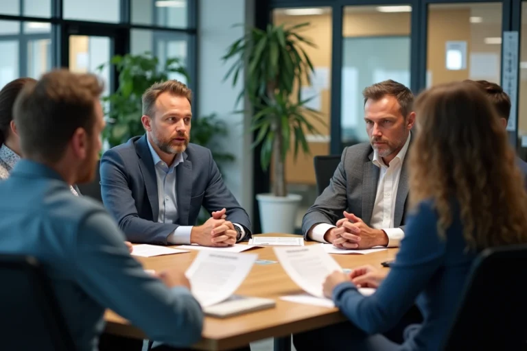 Groupe de collègues en réunion dans un espace de travail moderne