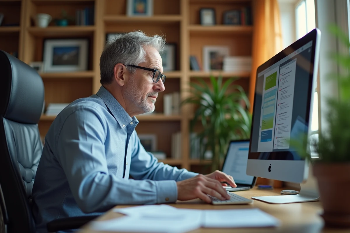 Homme au bureau regardant un ordinateur avec documents