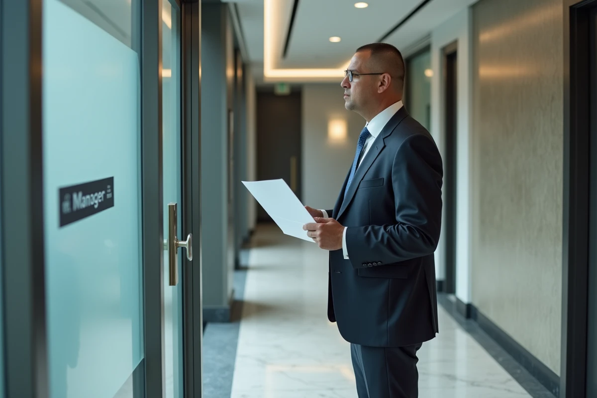 Homme d affaires attendant devant la porte du manager
