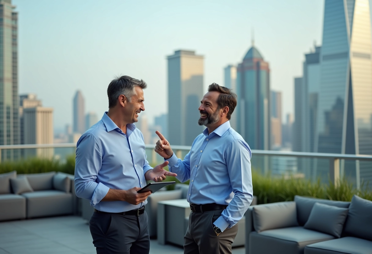 Homme entrepreneur discutant avec un collègue sur un toit urbain