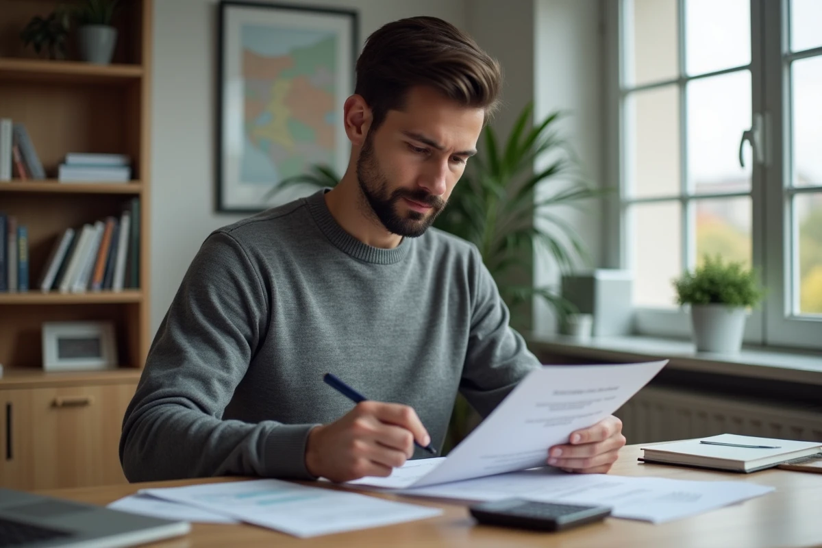 Homme lisant attentivement un contrat de prêt immobilier à son bureau à domicile avec des documents financiers organisés