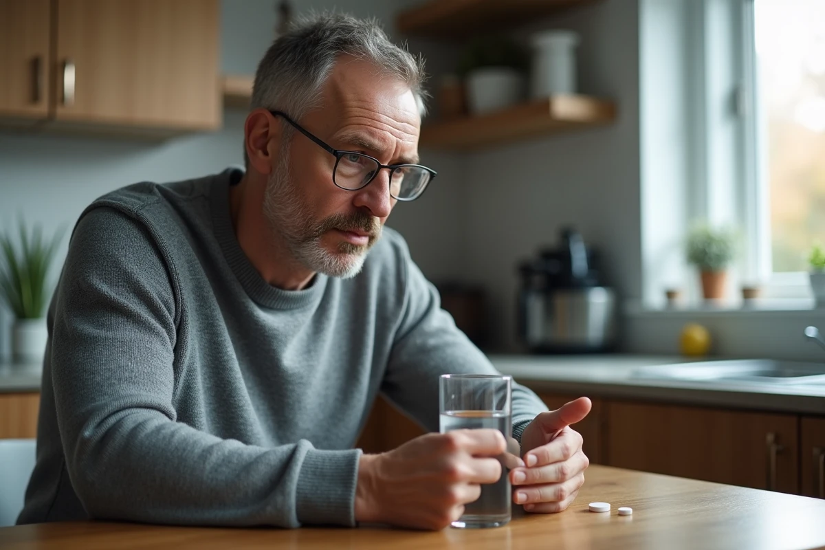 Homme d'âge moyen tenant un comprimé dans la main à la table de cuisine le matin, symbolisant la prise de Seresta et la réflexion sur ses effets et précautions