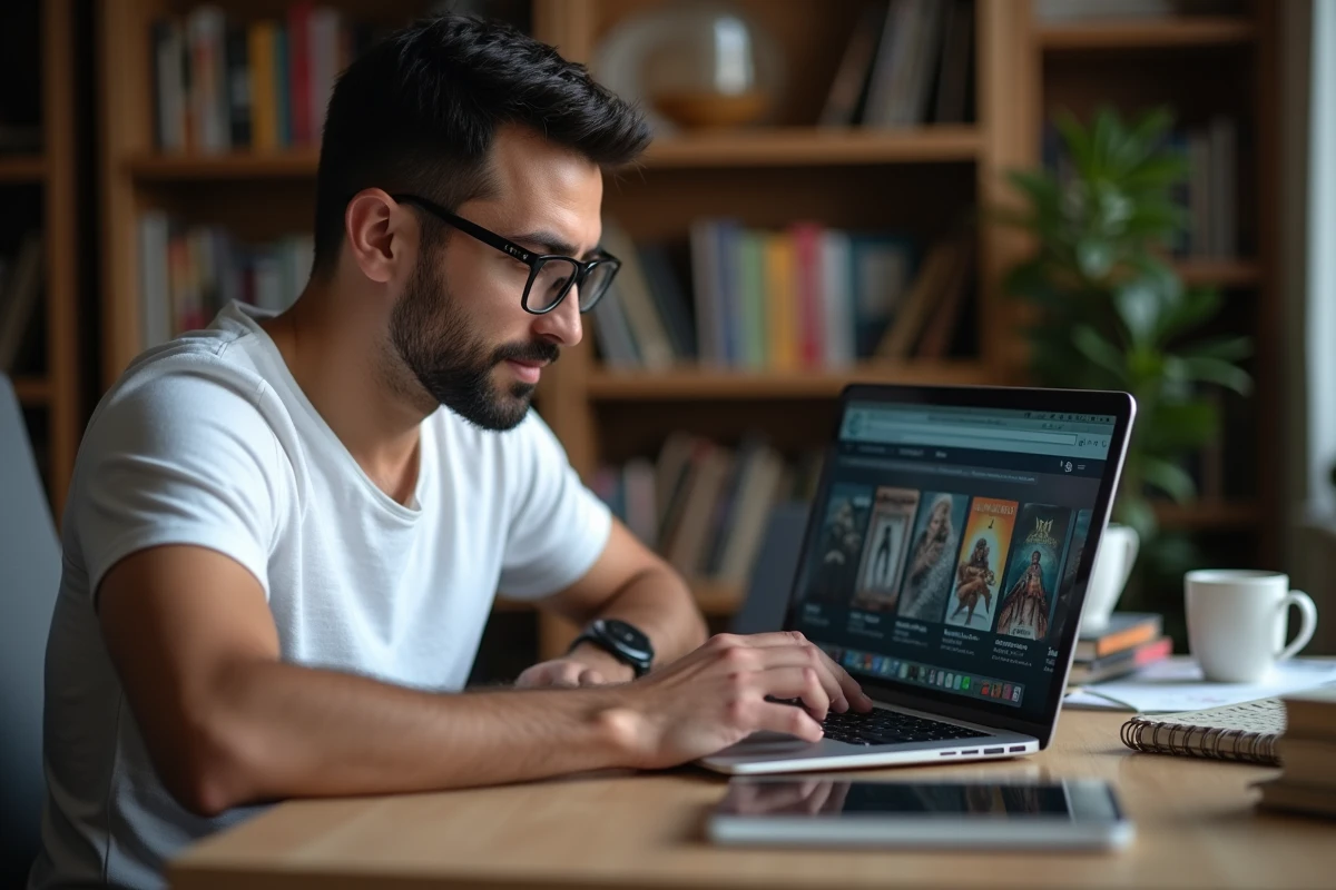 Homme cherchant des films gratuits en ligne sur son ordinateur portable dans un bureau à domicile