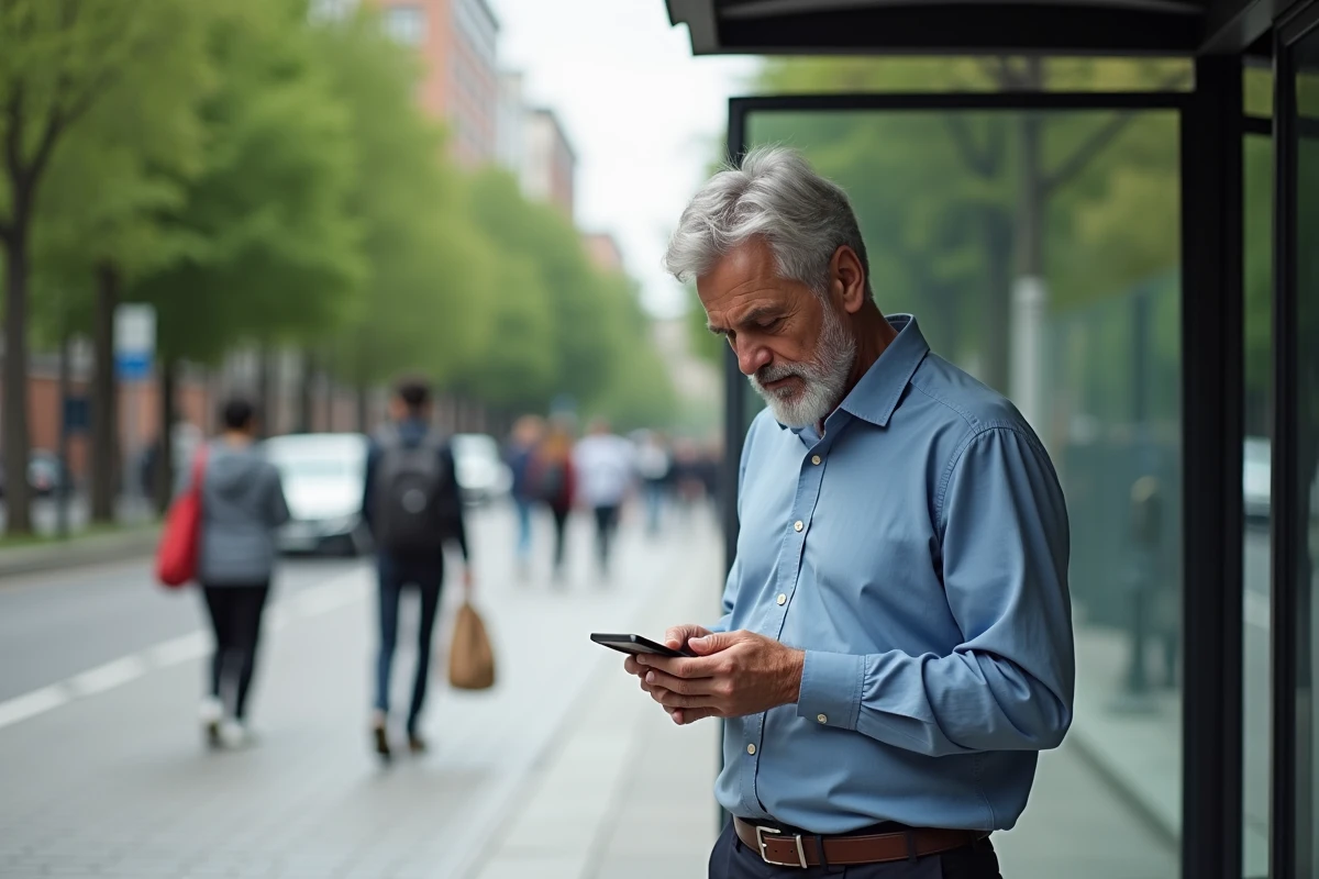 Homme senior regardant son smartphone à un arrêt de bus urbain