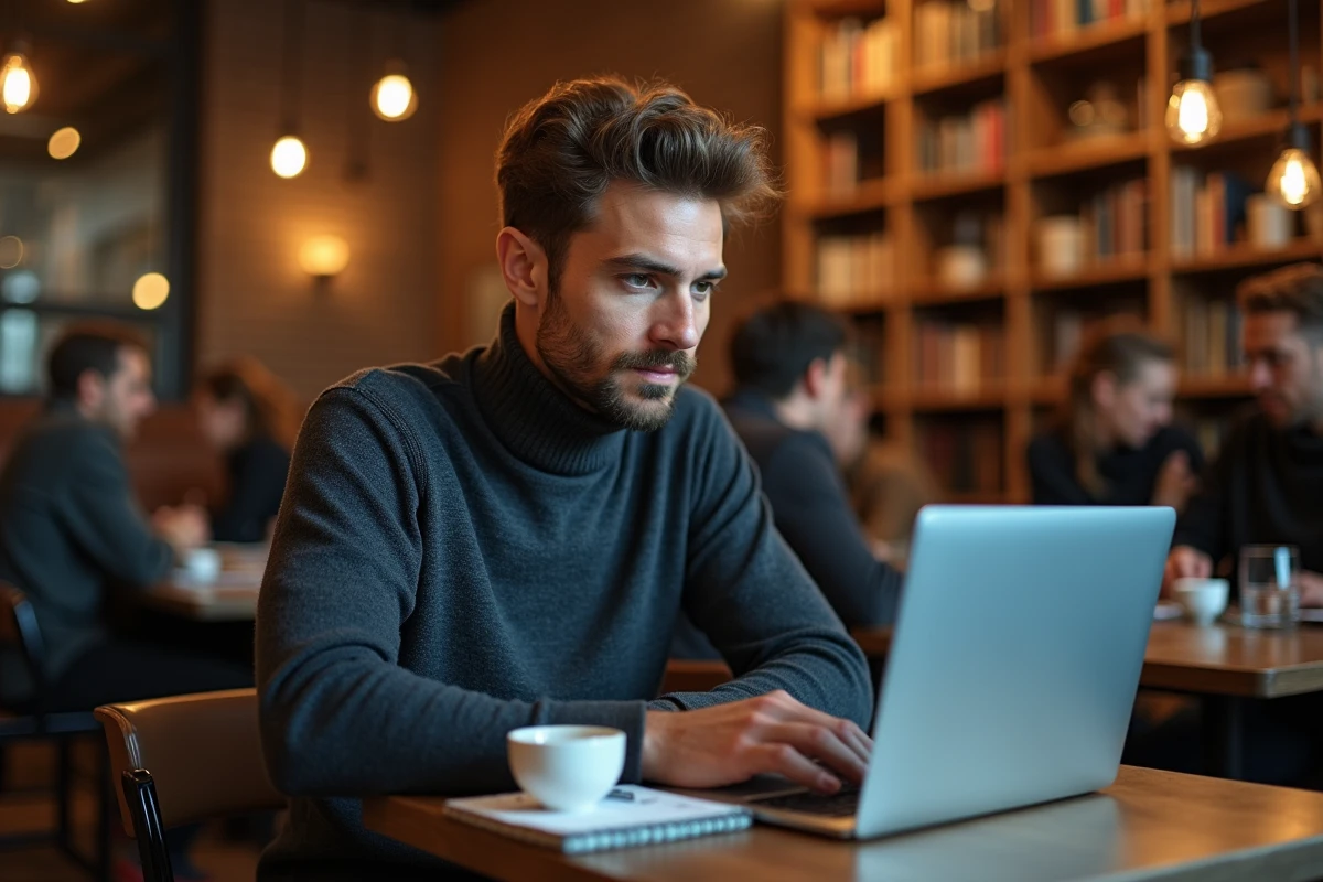 Homme consultant des tendances business sur son ordinateur portable dans un café urbain