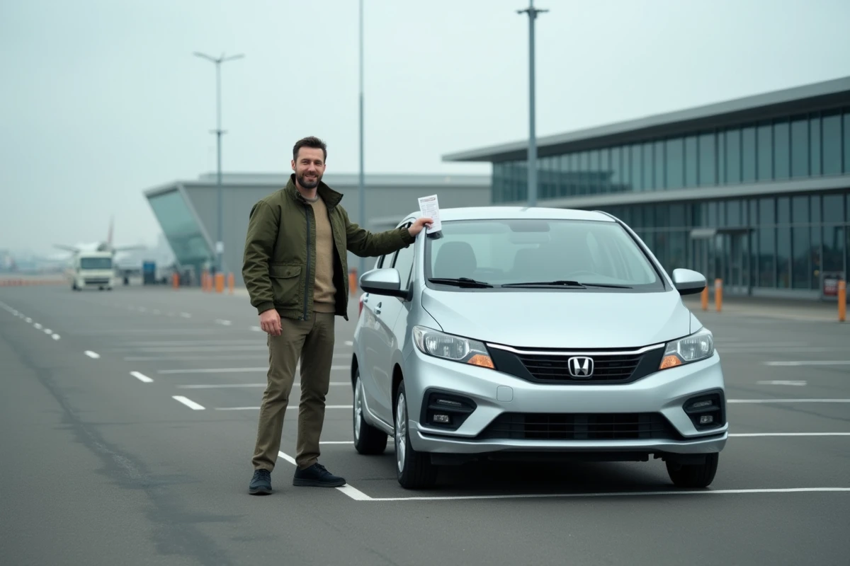 Homme debout à côté d'une voiture de location compacte dans un parking d'aéroport, tenant une confirmation de réservation imprimée