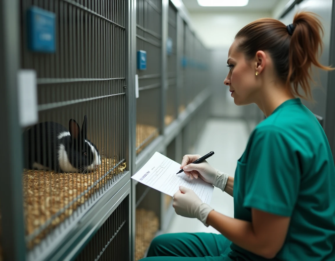 Infirmière vétérinaire notant des observations médicales sur la fiche d'un lapin endormi en box de soins