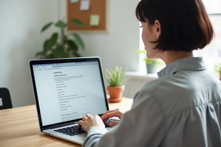 Femme installant un pack Office gratuit sur MacBook Pro dans un bureau à domicile moderne et organisé