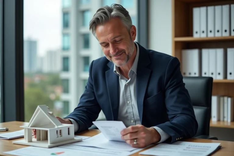 Homme d'affaires analysant des documents immobiliers et une maquette architecturale dans un bureau moderne avec vue sur la ville