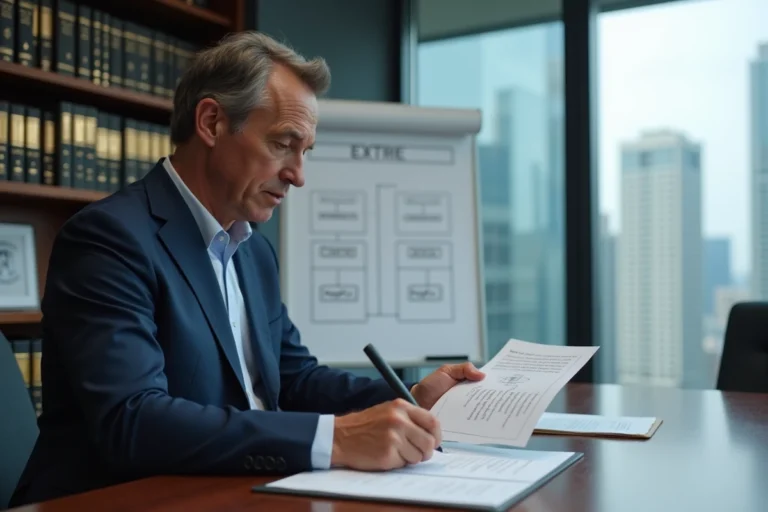 Investisseur immobilier analysant une structure holdco propco dans un bureau professionnel