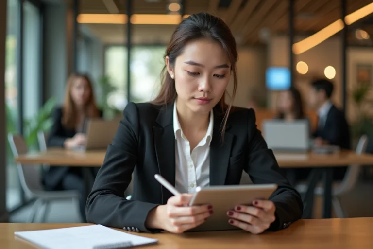 Jeune femme en coworking prenant des notes sur une tablette