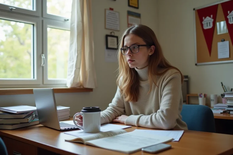 Jeune femme en étude à Harvard avec livres et ordinateur