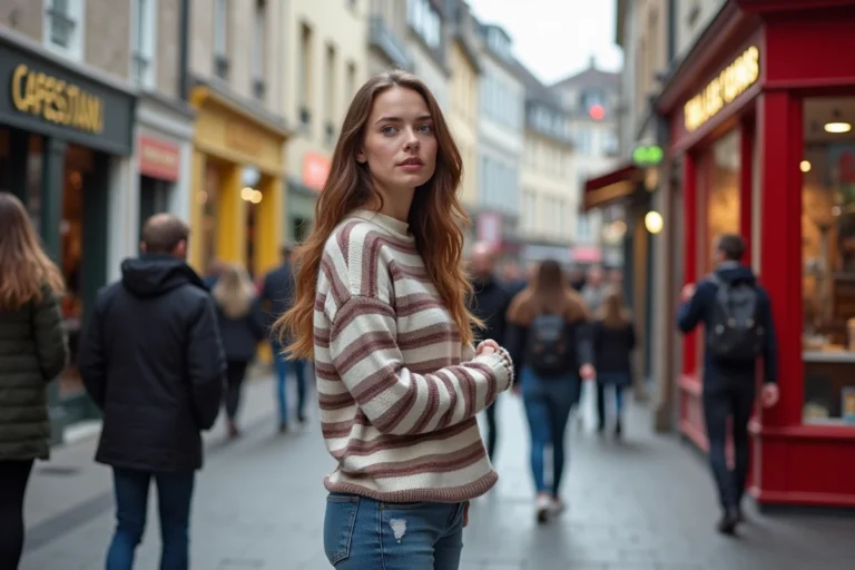 Jeune femme dans la rue animée de Rennes avec bâtiments historiques