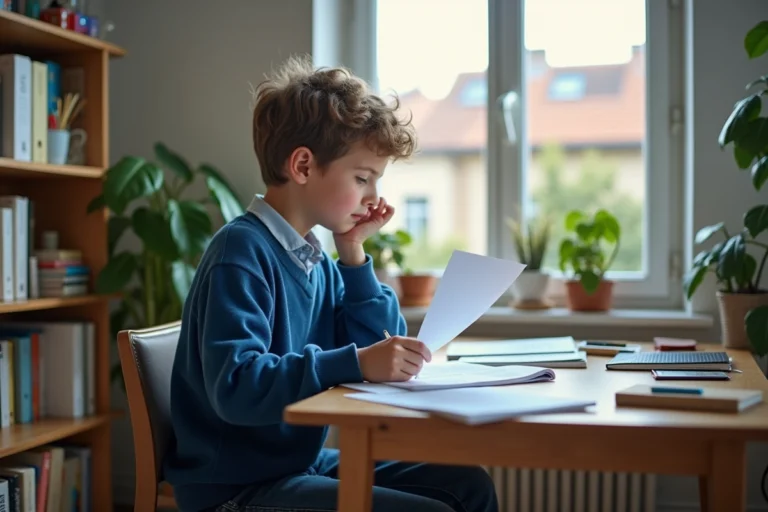 Jeune lyceen français à la maison examine un bulletin