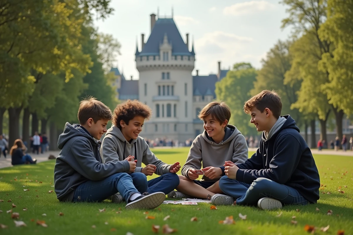 Jeunes jouant aux cartes dans un parc de Nantes avec château en arrière-plan