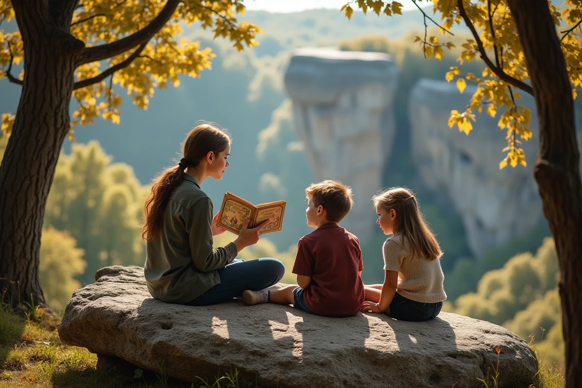 Un parent raconte la légende de Roland à deux enfants assis sur un rocher, avec la brèche caractéristique du Pas de Roland visible en arrière-plan