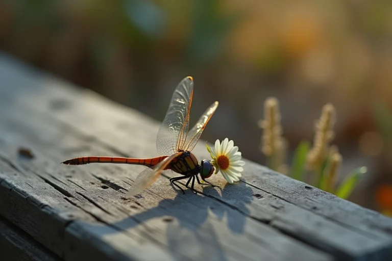 Libellule morte posée sur une surface en bois vieilli près d'une fleur fanée, symbole de deuil et de transition spirituelle